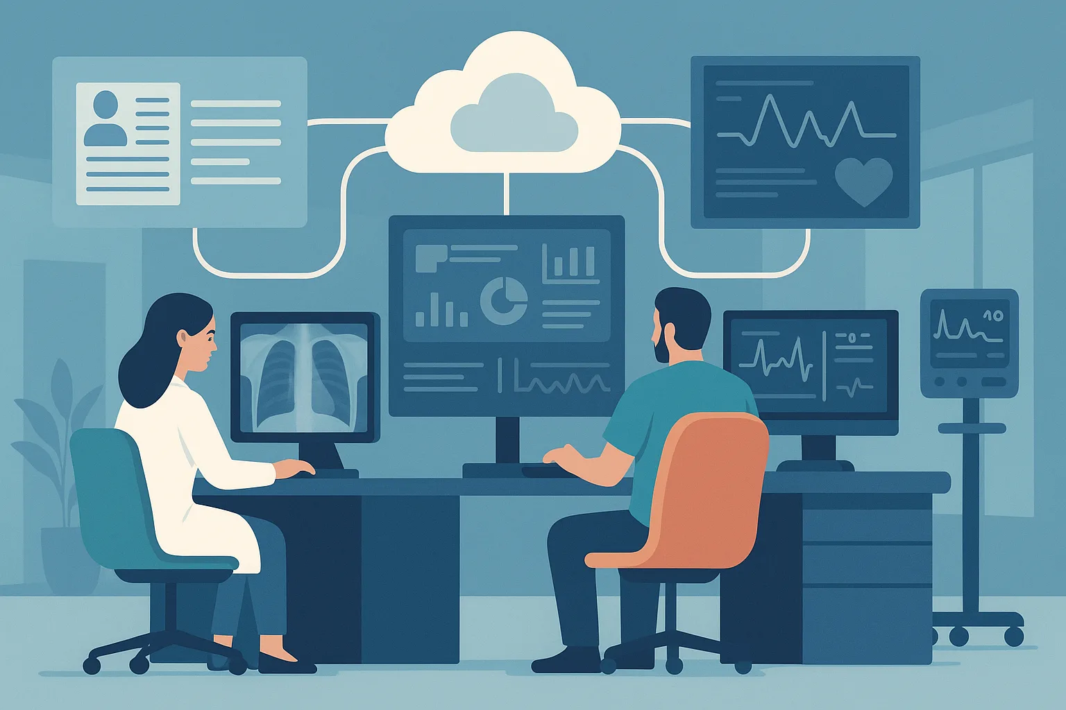 Editorial-style illustration of a modern hospital command center and radiology workstation connected to cloud-based AI a...