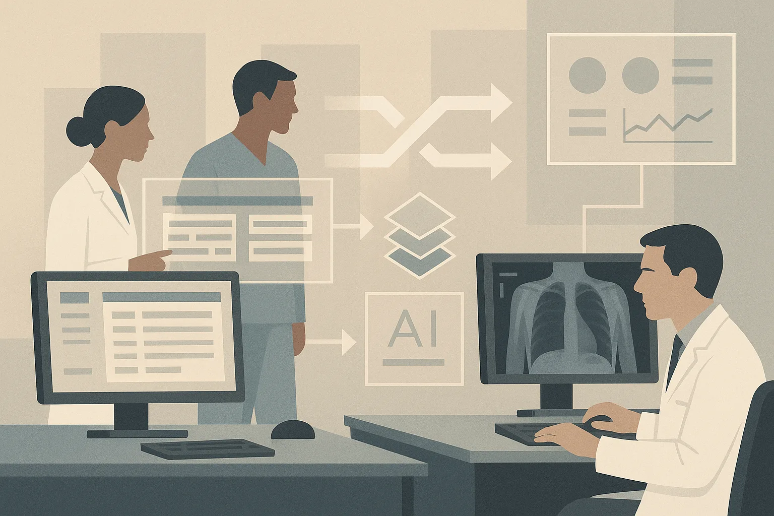 Editorial-style illustration of a modern hospital IT environment: clinicians viewing an EHR and radiology workstation wi...