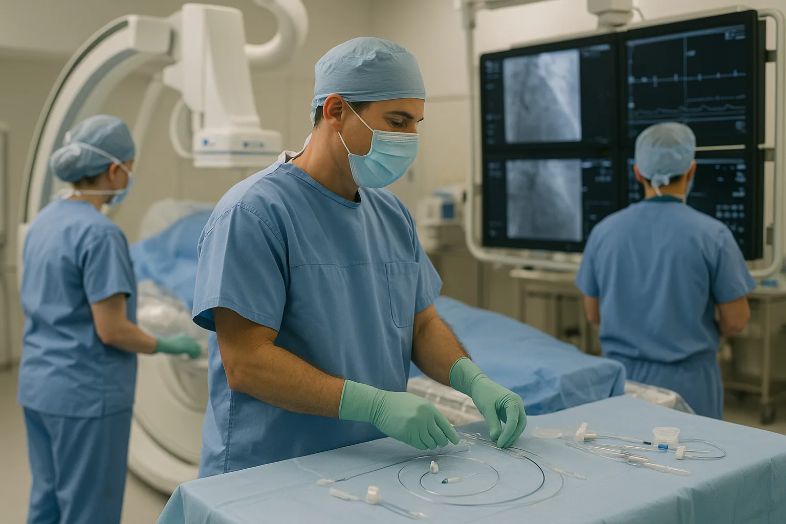 Editorial-style photograph of a modern cardiac catheterization lab environment with clinicians preparing equipment and i...