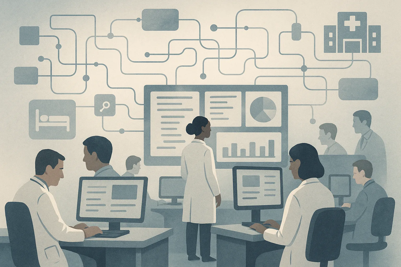 Editorial-style illustration of a modern hospital operations environment with abstract AI system layers: clinicians at w...